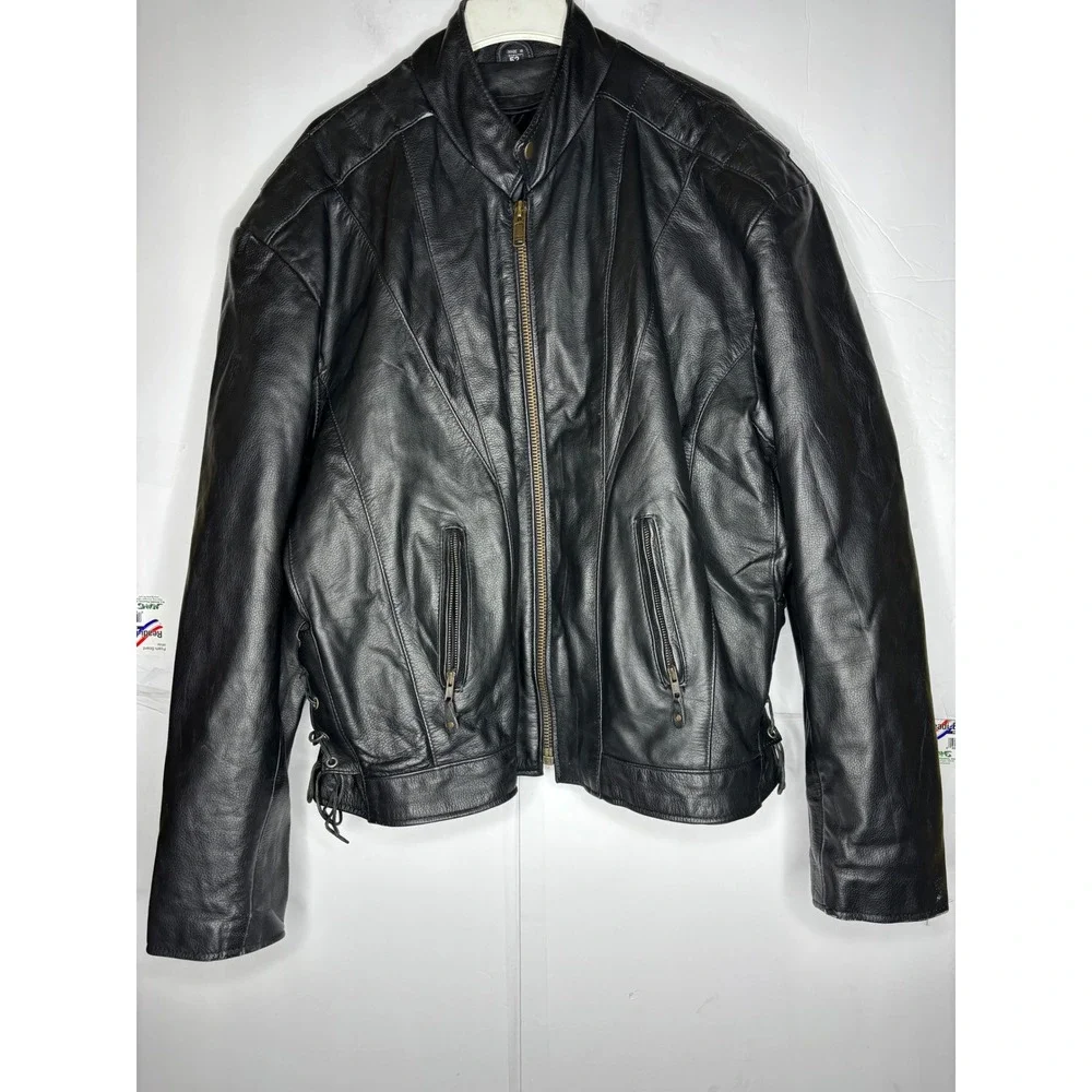 Mens‎ Black Genuine Leather Motorcycle Jacket Side Lace Up Biker Size 52 YKK Zip